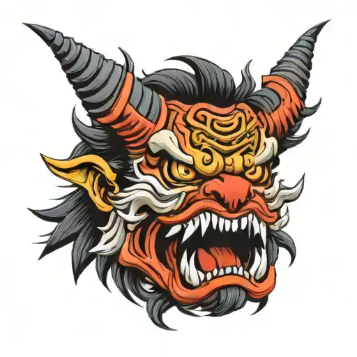 A mask of Japanese Oni named Kagekiba, represented in the image, with horns, a furious look, flashing eyes, and a determ tattoo design idea