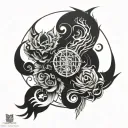 A tattoo symbolizing the intense conflict between humans, angels, and demons on Earth, incorporating elements of each side's characteristics tattoo design idea