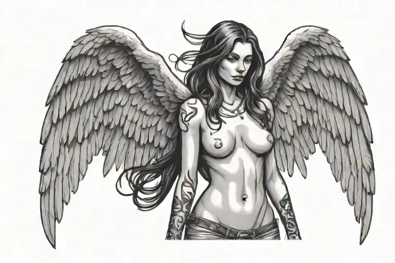 sad sexy female angel spreading wings, showing full body without clothes facing front tattoo design idea