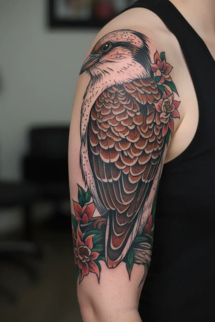 kookaburra with native behind tattoo design idea