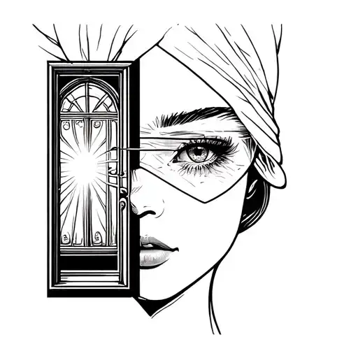 A female face with a translucent “veil” over the eyes and a door with light entering tattoo design idea