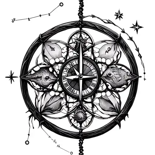 yggdrasil dreamcatcher with clock and compass and pisces star constellation tattoo design idea