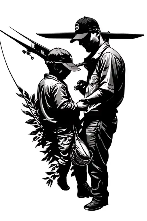 A tattoo design symbolizing the unbreakable bond between a father and his son. The father loves aviation, fishing by the tattoo design idea