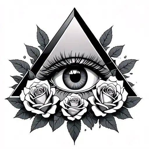 pyramides with an eye and roses an eye around tattoo design idea