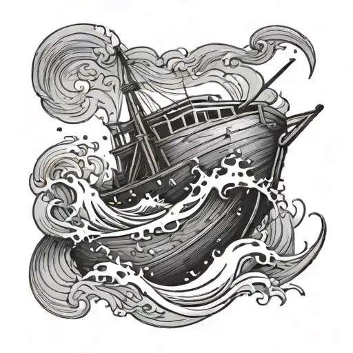 Single-line illustration of a traditional wooden fishing boat floating on waves of flowing molten metal instead of water tattoo design idea