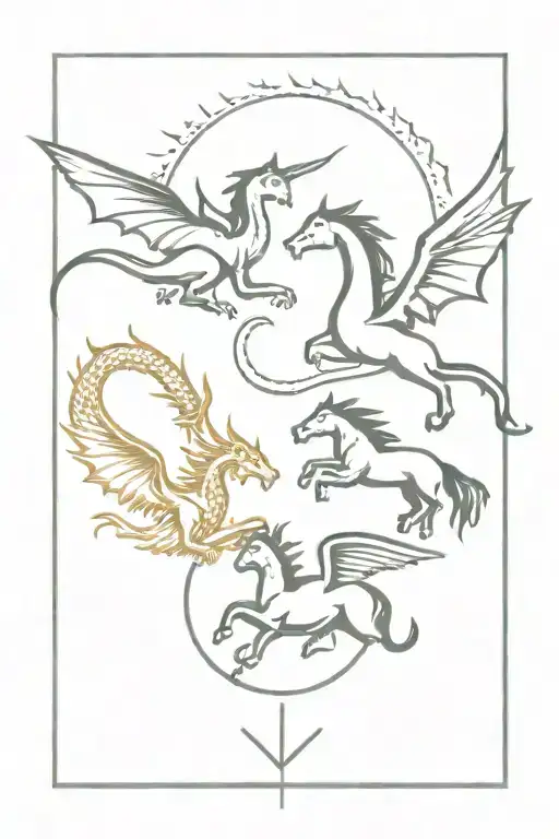 dragon and unicorn and phonix  tattoo design idea