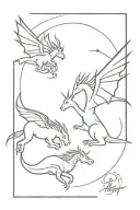 dragon and unicorn and phonix  tattoo design idea