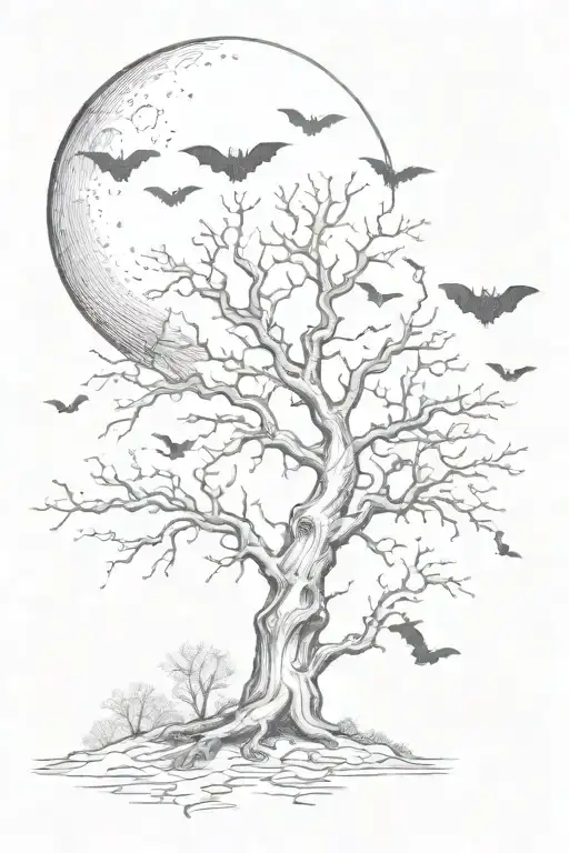 a poison tree with no leaves with the moon over the tree with lots of bats  tattoo design idea