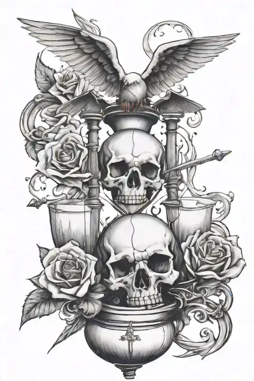 an hourglass with a skull, a dove and crossed swords tattoo design idea