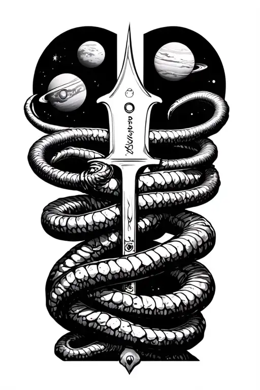 giant worms wrapped around a bone knife with 4 planets above  tattoo design idea