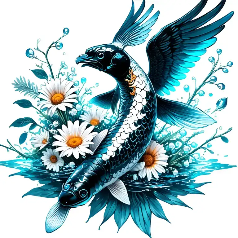 jumping Up out of water black white koi with phoenix wings, bouquet with an aster, a daisy, a lily of the valley tattoo design idea
