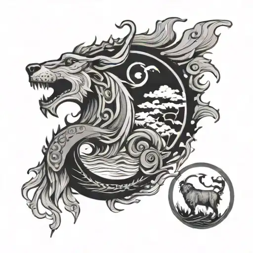 Lone wolf howling, incorporating a goat, 2 fishes portraying yin and yang and the number 96. tattoo design idea
