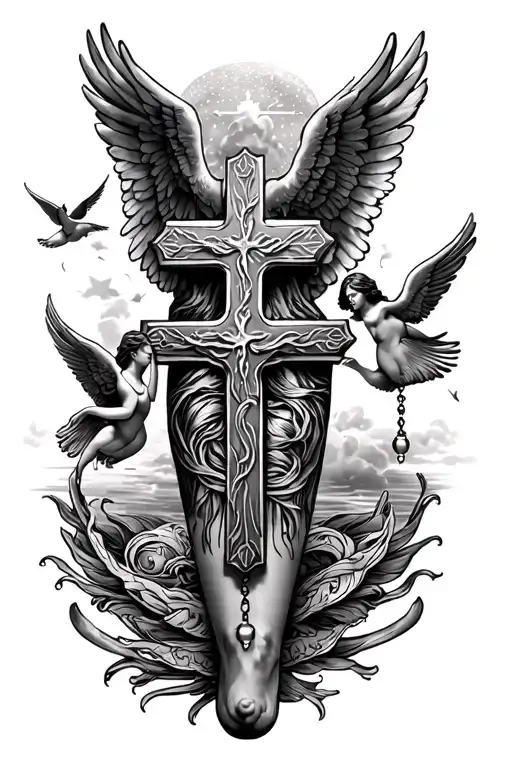 leg sleeve with cross, rosary, angels flying tattoo design idea