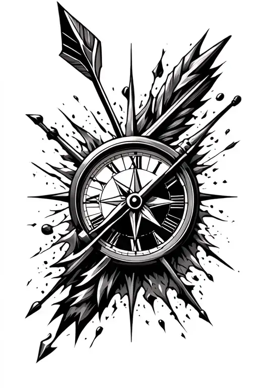 arrow on forearm tribal shooting through a half compass half clock and glass shattering tattoo design idea