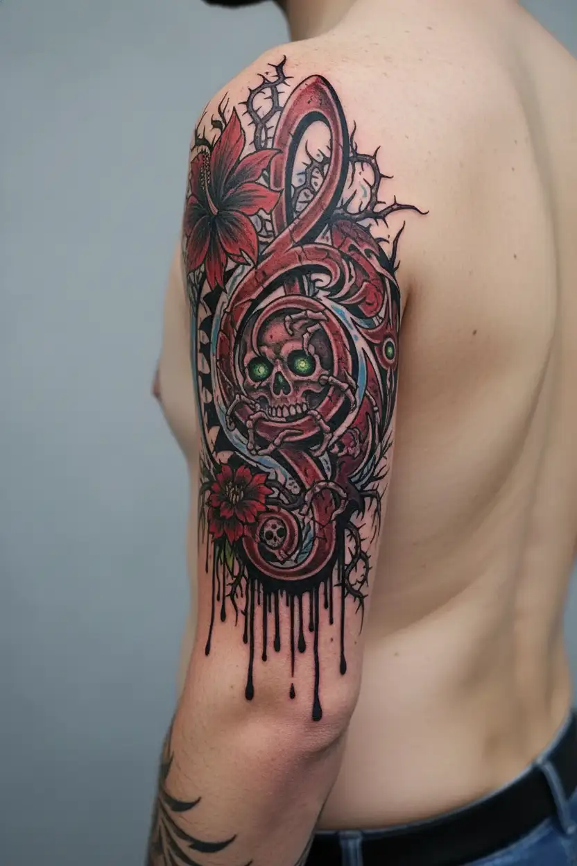 Taino tribal symbol intertwined with vines and flowers and water tattoo design idea