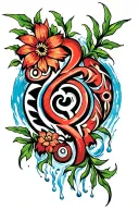Taino tribal symbol intertwined with vines and flowers and water tattoo design idea