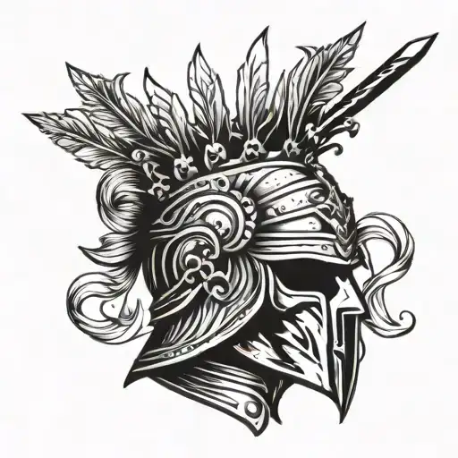 warrior helmet whit sword and crown tattoo design idea