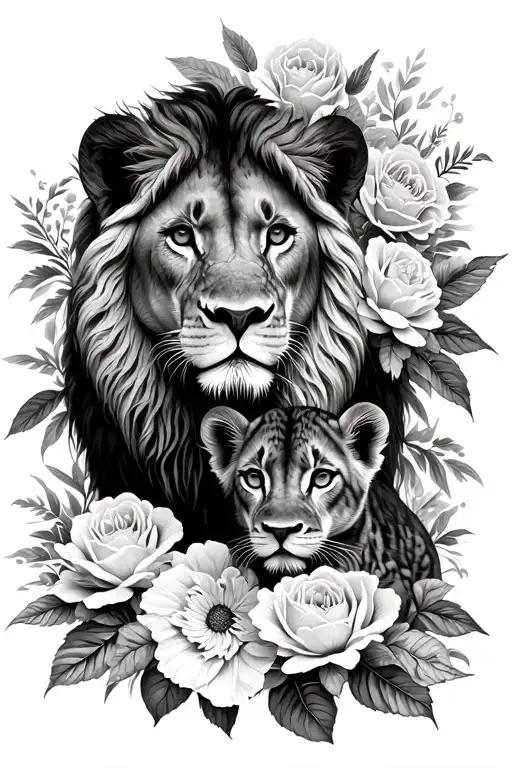 Black and white tattoo sketch, realistic lioness with a cub surrounded by many flowers (roses, peonies, tropical flowers tattoo design idea