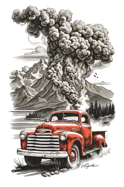 1952 red gmc truck cigarette smoke coming out of the windows of the truck. Mountains in the background. A river  tattoo design idea