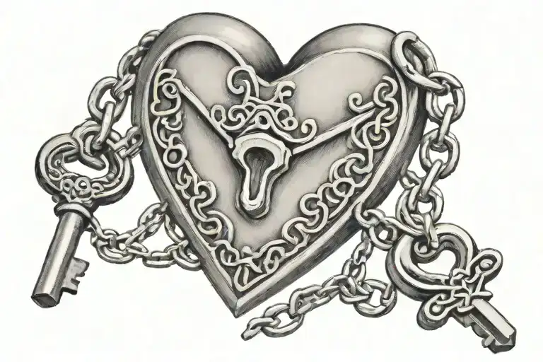 Antique heart lock with chains and 3 antique keys tattoo design idea