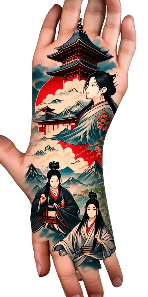 Sleeve on the hand of the Japanese style from above the temple of Sakura Mountains below the anime characters Kagay Ubuyashiki and Muzan in the Black and Red Tsv tattoo design idea