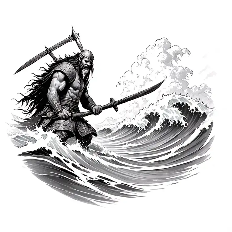 Viking warrior battling fierce waves tattoo design idea