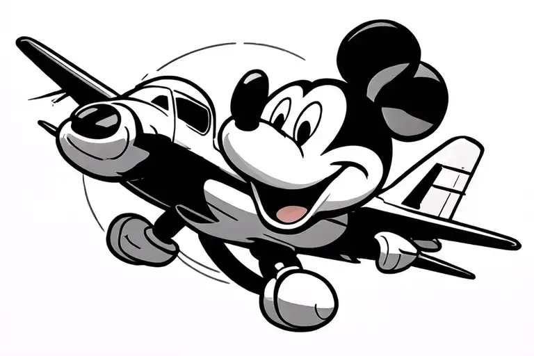 Mickey Mouse outline with an airplane and flight path tattoo design idea