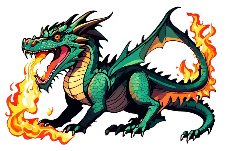 Cyberpunk dragon breathing fire tattoo design idea
