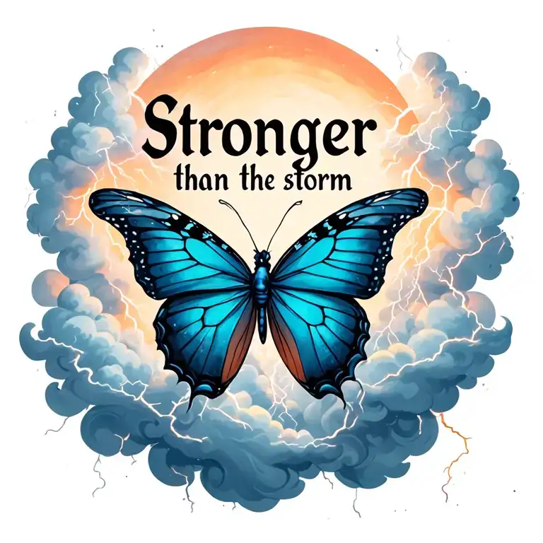 "Stronger than the storm" butterfly emerging from storm clouds lightening tattoo design idea