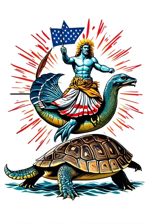 OLD SCHOOL TATTOO DEPICTING ZEUS RIDING ON A NAVY SHELLBACK TURTLE WITH A STAR SPANGLED BACKGROUND tattoo design idea