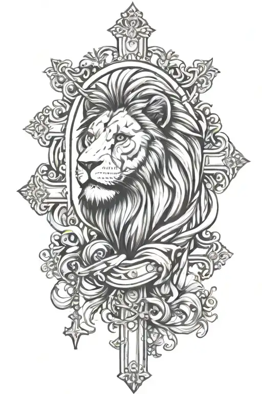 cross rosary lion tattoo design idea