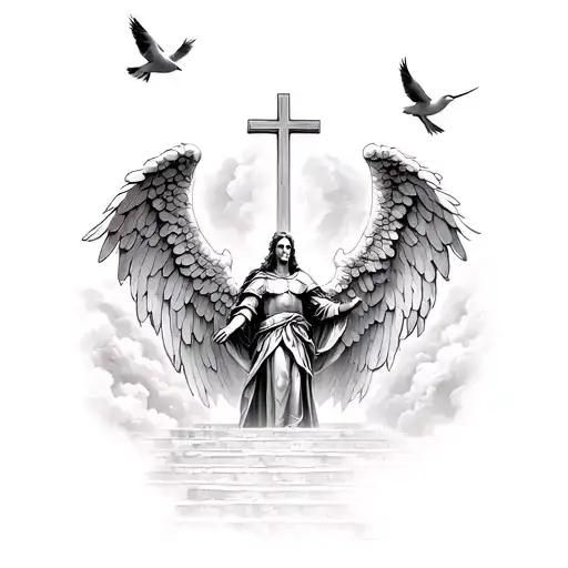 Knight Guadrian angel in front of stairway to heaven with two doves flying above it with the trinity of crosses tattoo design idea