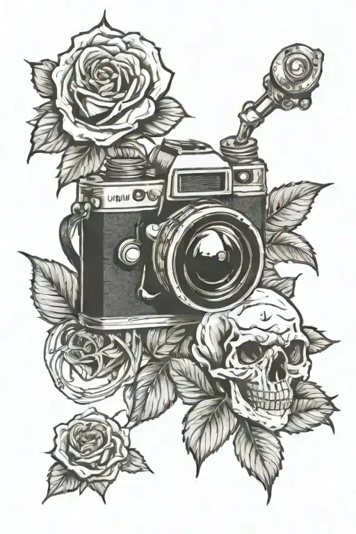 skull roses and camera lens transforming tattoo design idea