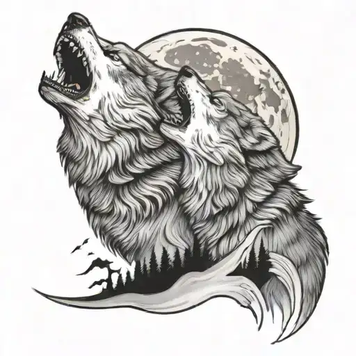 2 wolves howling at the moon tattoo design idea