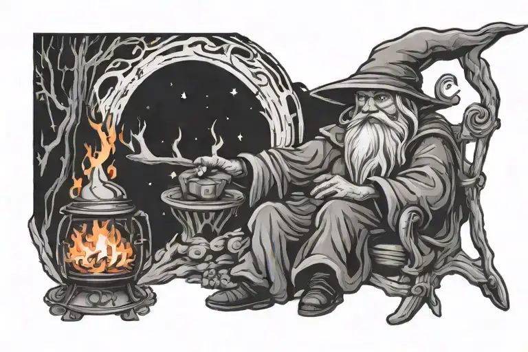 Wizard next to a camp fire tattoo design idea