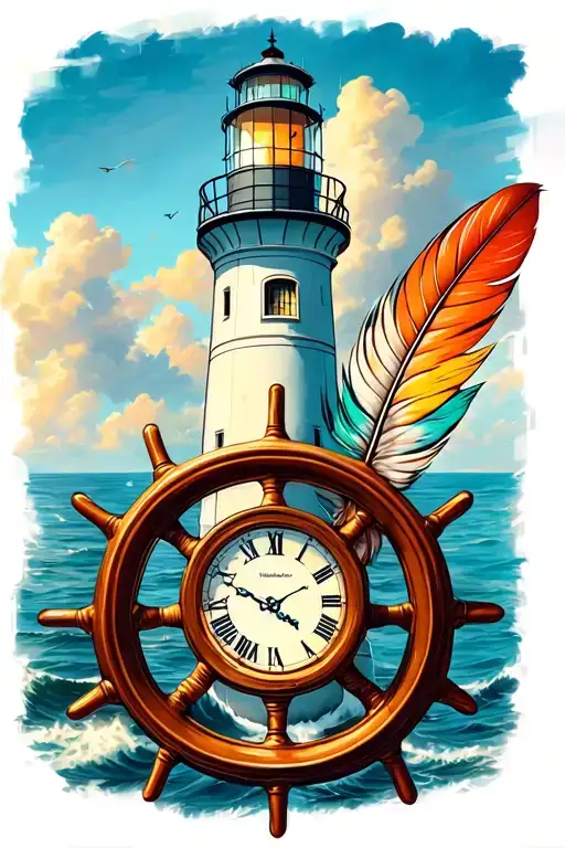 lighthouse with clock inside a ships wheel and indian feathers tattoo design idea