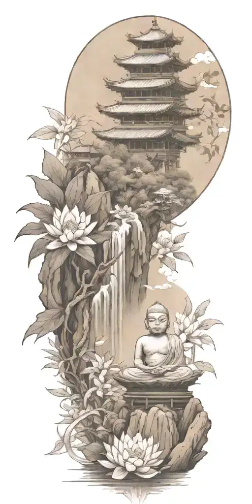 buddhist inpired tattoo with scenary of nature, bamboo, water, and with lotus, koi fish, small budda and spiritual stuff tattoo design idea