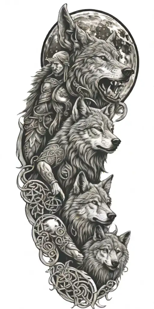 Celtic warrior and a wolf howling at the moon tattoo design idea