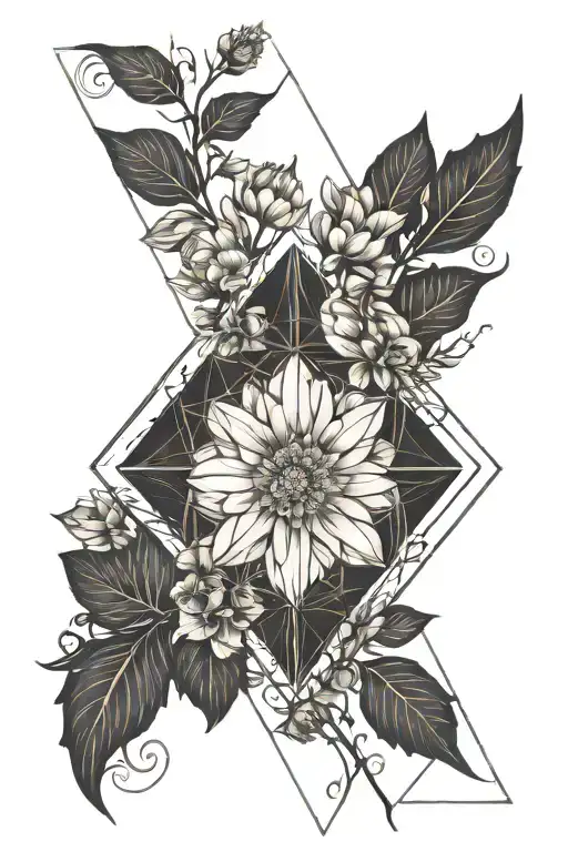 marigold flower inside diamond shaped line outlining tattoo design idea