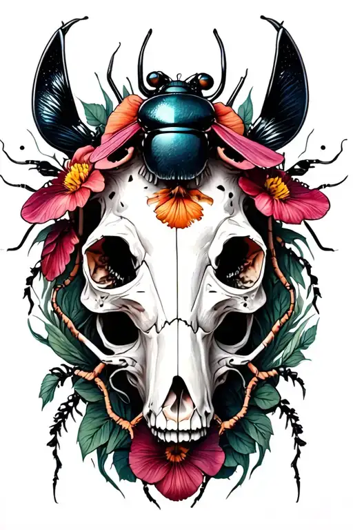cottagecore with bugs and animal skulls leaning and forming tattoo design idea