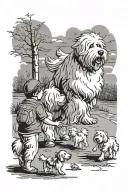 An old English sheepdog playing catch with a group of children, reflecting the client's passion for coaching and counseling kids tattoo design idea