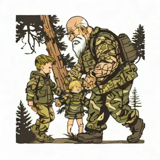 A slightly overweight grandfather in military camouflage and a little grandson holding hands in a forest with pine trees tattoo design idea