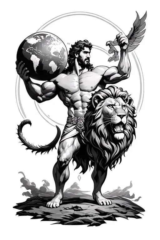Hercules holding world wearing lion mane tattoo design idea