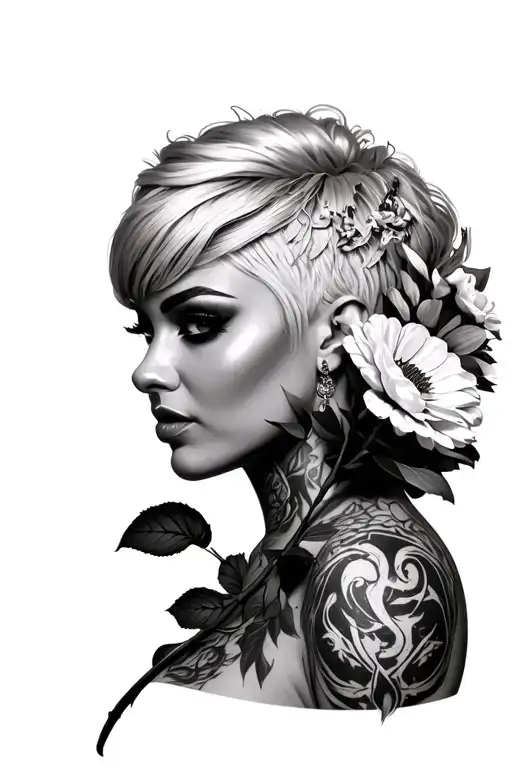 Female portrait. Holding flowers. Alexa bliss hairstyle. pop punk look. include leviathan symbol tattoo design idea