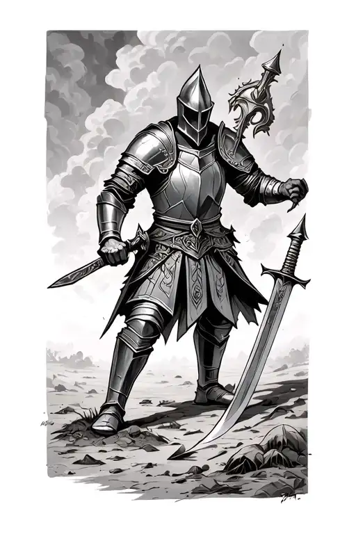 knight with sword in ground, giving up fighting tattoo design idea