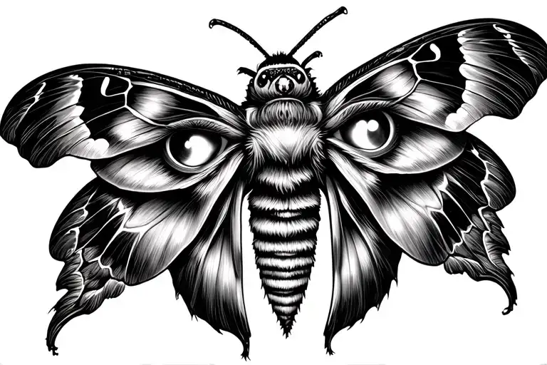 Psychedelic moth with glowing soul-piercing eyes, abstract cosmic wings, surreal patterns, hidden bearded face, mystical tattoo design idea