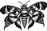 Psychedelic moth with glowing soul-piercing eyes, abstract cosmic wings, surreal patterns, hidden bearded face, mystical tattoo design idea
