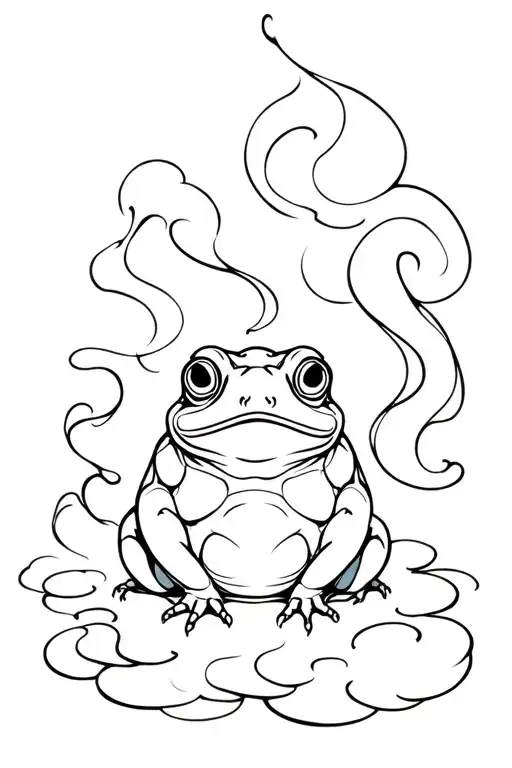 Blackwork tattoo design of a sitting toad surrounded by soft, flowing smoke or clouds in traditional Japanese style. The tattoo design idea