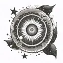 A dotwork tattoo design featuring a broken circle with the inscription 'l'essentiel est invisible pour les yeux', surrounded by stars, moons, and a sun and moon. tattoo design idea