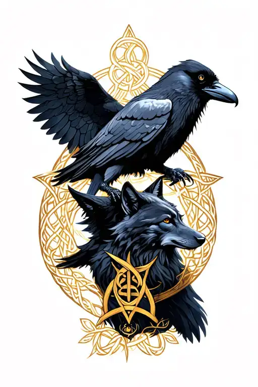 Celtic pagan symbols with a raven and wolf full shoulder to elbow  tattoo design idea